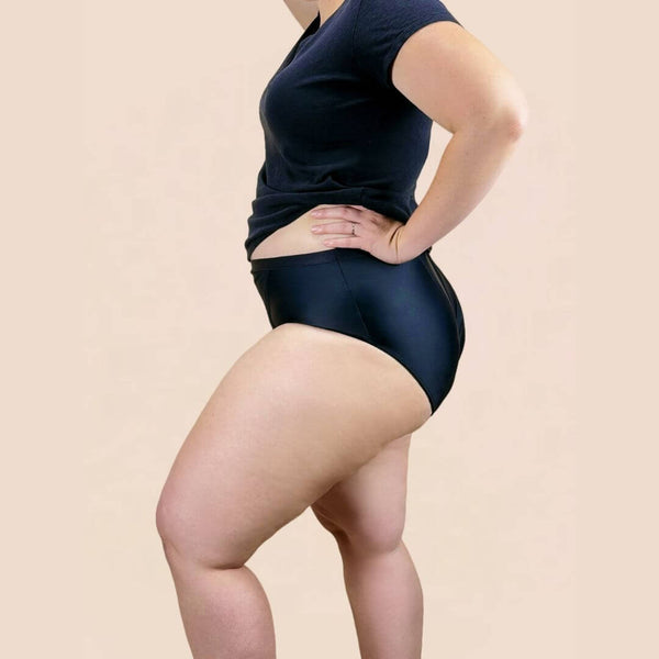 Side view of woman wearing Hem Support Wear High-Waisted Brief in size 1x for pelvic floor support