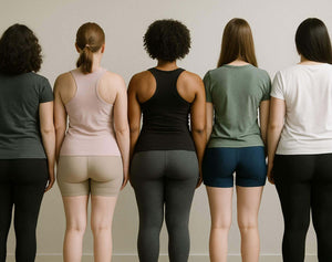 Back view of diverse-shaped women, showcasing Hem's inclusive sizing and real-life fit.