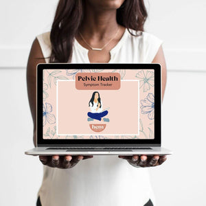 A woman holds a laptop displaying Hem’s Pelvic Health Symptom Tracker, a digital tool designed to help you monitor your body, advocate for your care, and share symptoms clearly with your provider.